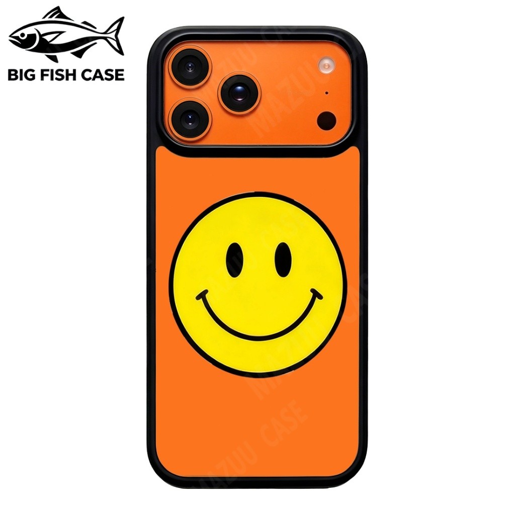 เคสกันกระแทก โปร่งใส ขอบดำ ลายหน้ายิ้มสีเหลืองขอบดำคลาสสิก พื้นสีขาวสะอาด เข้ากับรุ่น 17 Pro Max/16/15/14/13/12/11
