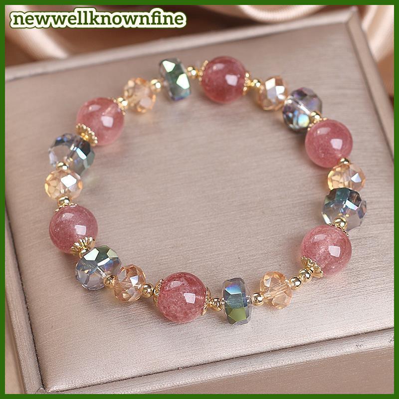 Newwellknownfine แฟชั่นสตรอเบอร์รี่ธรรมชาติคริสตัลสร้อยข้อมือผู้หญิงหรูหราสีชมพู String ลูกปัดยืดหยุ่นกําไลข้อมือเครื่องประดับของขวัญ COD