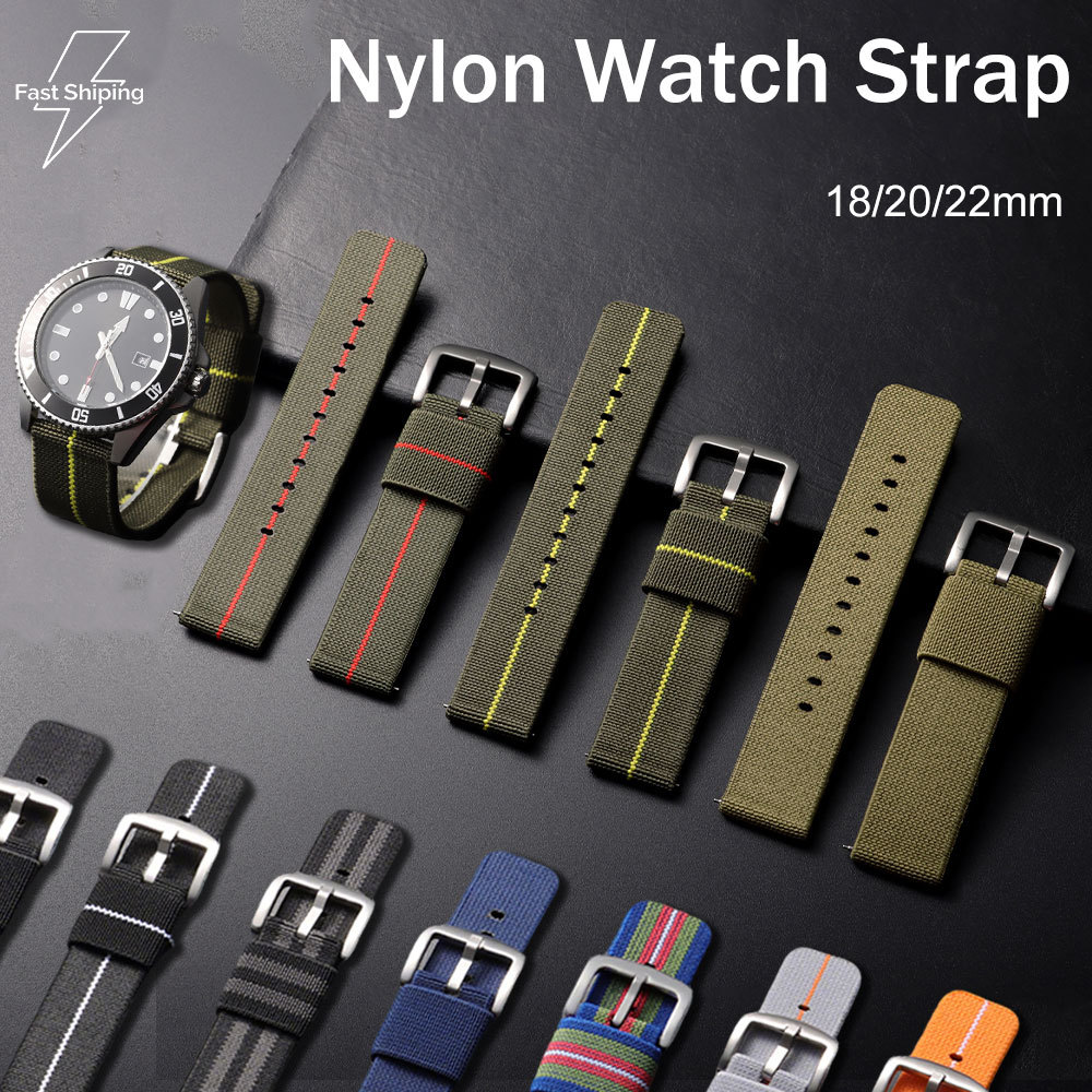 พรีเมี่ยมลายทอไนลอนสายนาฬิกาอัจฉริยะ 18/20/22 มม. Quick Release สไตล์ทหารกันน้ํา Breathable ทนต่อการสึกหรอผ้าใบ Diver สายนาฬิกา
