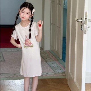 PRETTY BABY ชุดนอนเด็ก เดรสกระโปรง แขนระบาย ลายกระต่าย(2324)