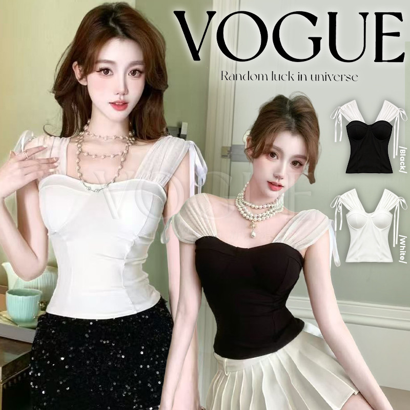 Vogue พร้อมส่ง เสื้อแขนกุดสไตล์สาวเวียดนามงานตัดต่อผ้าตาข่าย ดีไซน์เปิดไหล่ทรงเข้ารูป (FY5622)