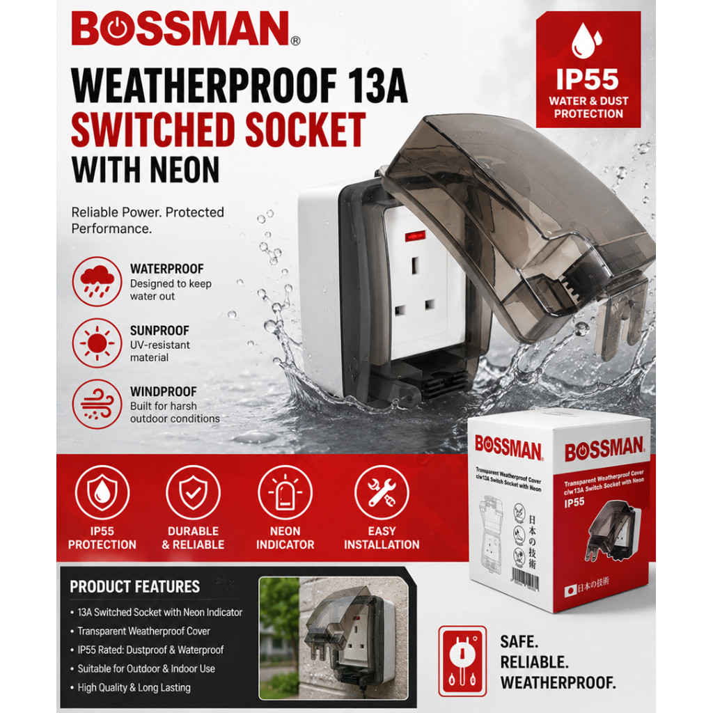 BOSSMAN BWS13A Weatherproof 13A สลับซ็อกเก็ตนีออน l Soket Bersuis 13A Kalis Cuaca พร้อมนีออน