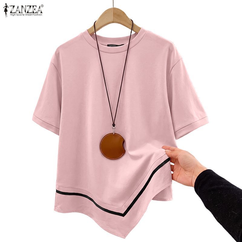 ZANZEA ผู้หญิงเกาหลีแฟชั่น Niche Design ลูกเรือคอกลางแขน Contrast สีไม่สม่ําเสมอ Hem เสื้อยืด