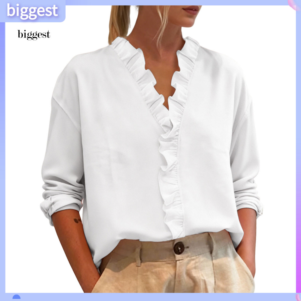 BGT ผู้หญิงคอปกเสื้อผู้หญิงs V คอ Ruffle Trim เสื้อแขนยาวสีทึบPullover Top Regular Fit Collar เสื้อส