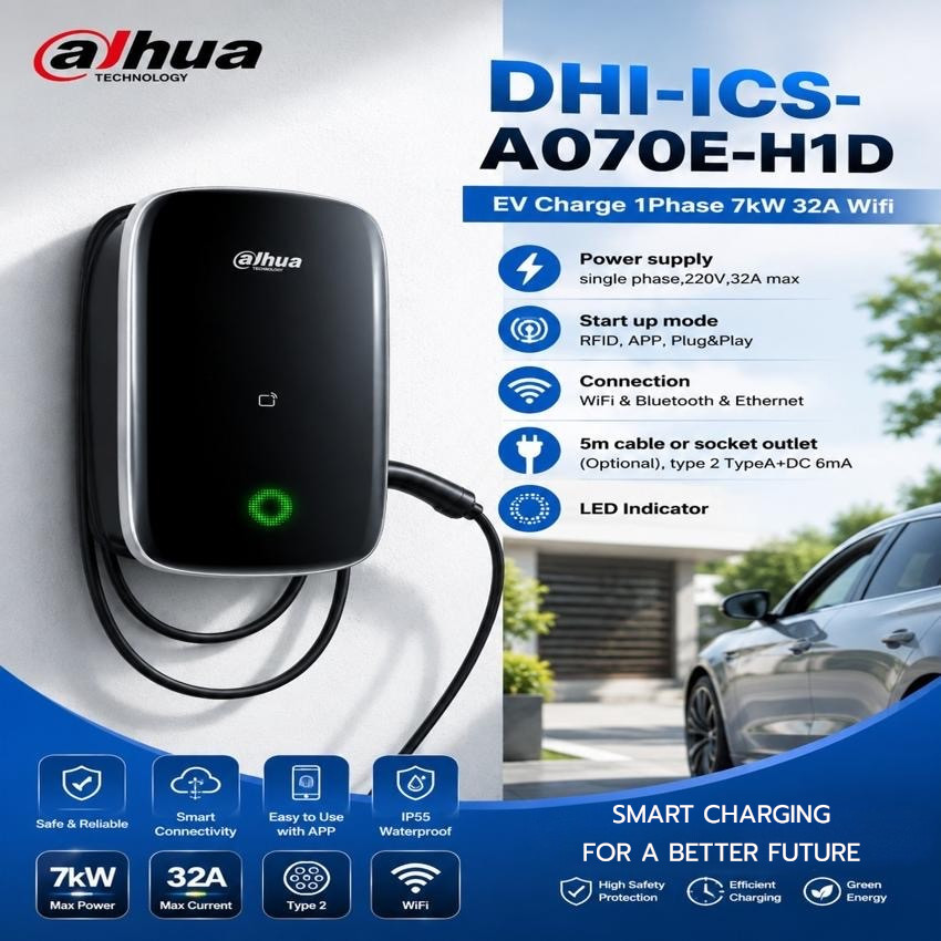 Dahua ที่ชาร์จรถยนต์ไฟฟ้า EV Charger D-Volt Air 7kW 32A 1เฟส WiFi Type 2 รุ่น DHI-ICS-A070E-H1D