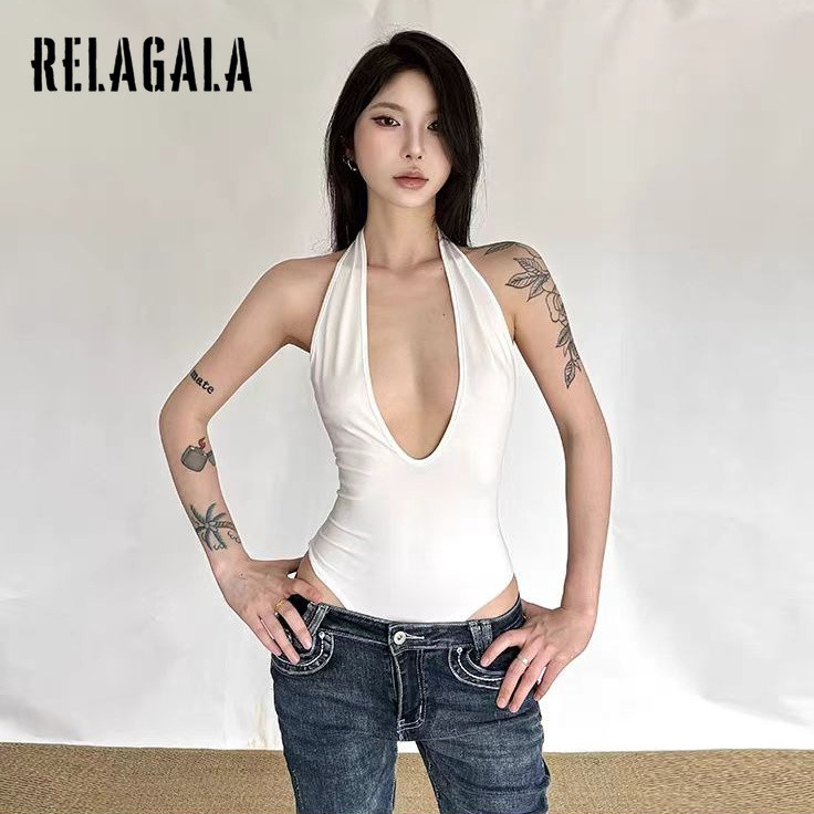 RELAGALA ผู้หญิง 2026 ใหม่สีทึบเซ็กซี่คอวีลึกแฟชั่น Halter บอดี้สูท — صورة 2