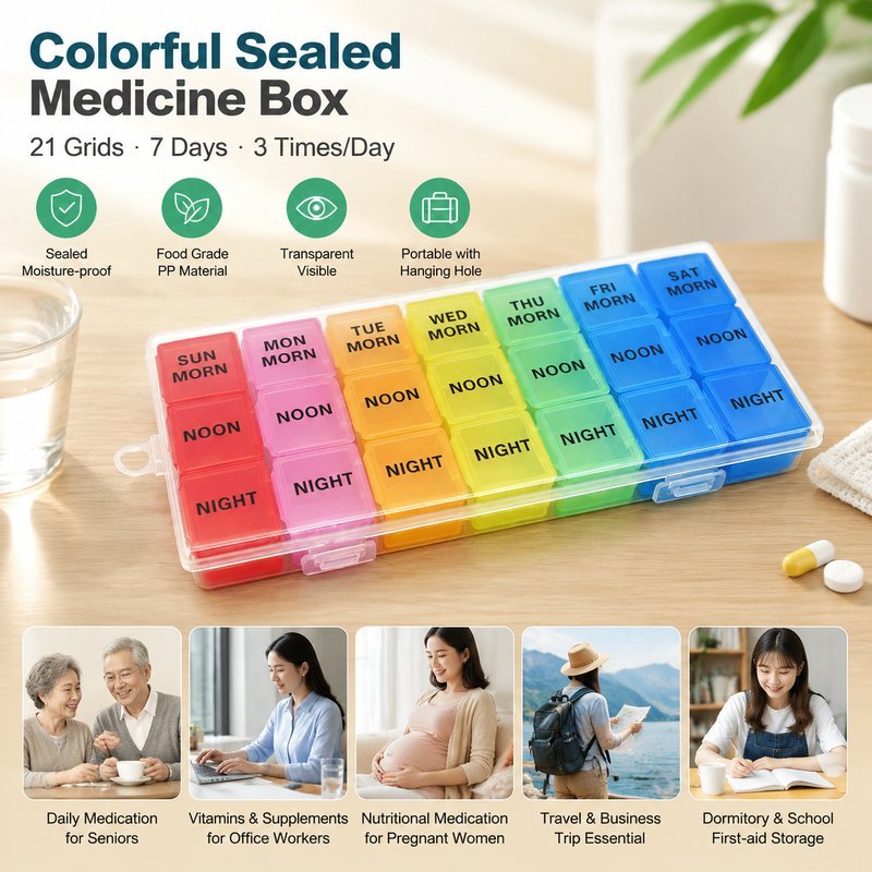 กล่องยา 7 วัน กล่องแบ่งยา 21 ช่อง สีรุ้งแยกวัน อ่านช่วงเวลาเช้า กลางวัน เย็นได้ง่าย ฝาปิดรายช่อง เหมาะจัดยาประจำ