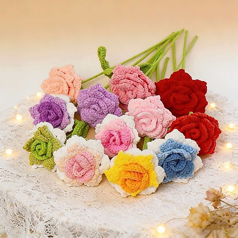 成品钩针编织玫瑰花手工毛线花* 束教师节礼物母亲节国庆节情人节Creative Weaving Handmade Knitted Yarn Bouquet Simulation Flower Teac