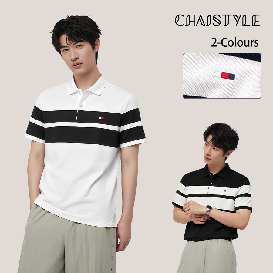 Chaistyle ฤดูร้อนเสื้อโปโล ลายริ้ว ธุรกิจลำลอง คอปกผู้ชายแขนสั้น สีตัดกัน แฟชั่น แมทช์ง่าย รุ่นบาง ระบายอากาศได้ดี