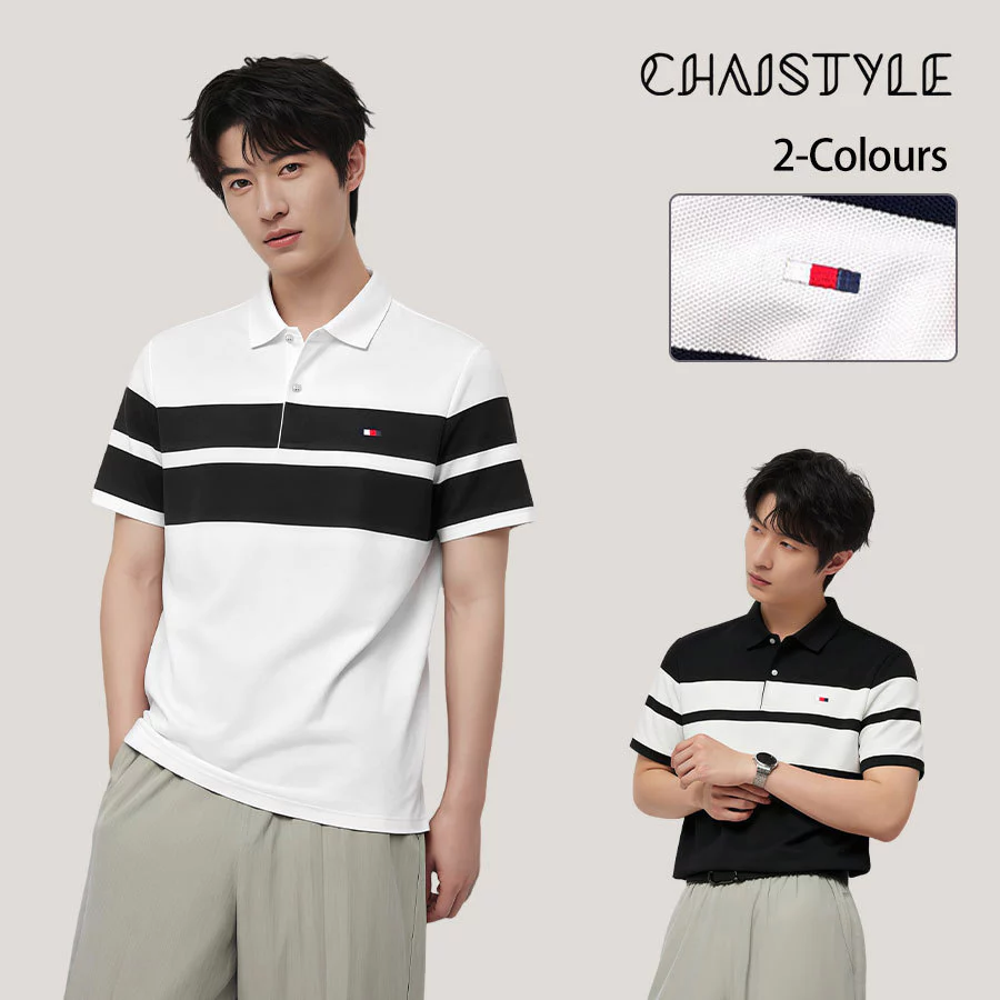Chaistyle ฤดูร้อนเสื้อโปโล ลายริ้ว ธุรกิจลำลอง คอปกผู้ชายแขนสั้น สีตัดกัน แฟชั่น แมทช์ง่าย รุ่นบาง ระบายอากาศได้ดี