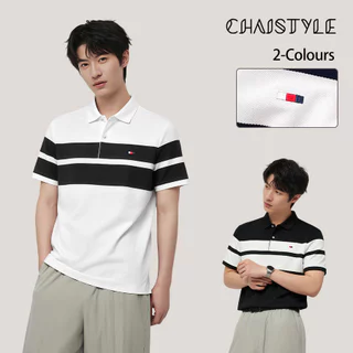 Chaistyle ฤดูร้อนเสื้อโปโล ลายริ้ว ธุรกิจลำลอง คอปกผู้ชายแขนสั้น สีตัดกัน แฟชั่น แมทช์ง่าย รุ่นบาง ระบายอากาศได้ดี