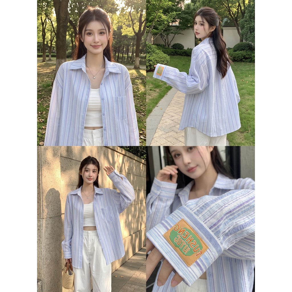 เสื้อเชิ้ตลายทางแขนยาวคอปก CTB15081 เสื้อคลุมกันแดด สีสดใส ใส่แล้วดูน่ารัก ทรงหลวม เนื้อผ้านุ่ม ใส่ส