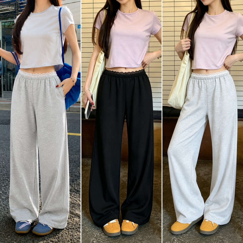 Bella Shop กางเกงขายาวผู้หญิง กางเกงวอร์ม สไตล์เอวสูงทรงตรง ขอบเอวตกแต่งลูกไม้ ใส่สบาย สไตล์เลซี