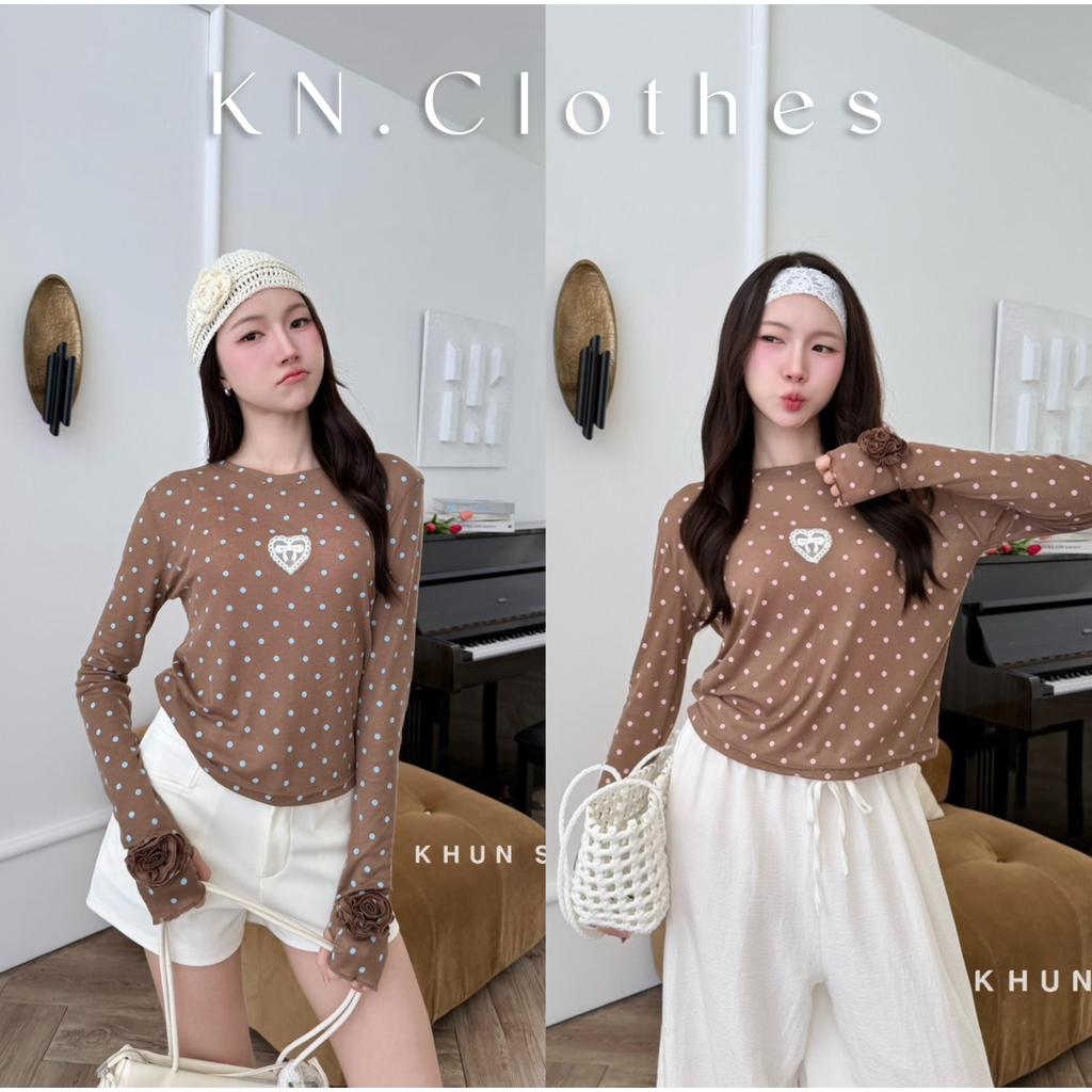 KN.Clothes เสื้อแขนยาว โพกาดอท แต่งดอกไม้ปลายแขน ผ้ายืด ใส่สบาย Khun.Studio รูปที่ 6