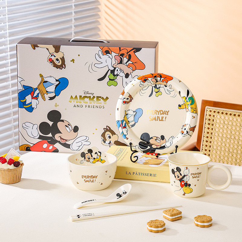 Mickey Family หรูหรา One-Person อาหารการ์ตูนบนโต๊ะอาหาร High-End Feeling ชุดจานในครัวเรือนกล่องสี Q2