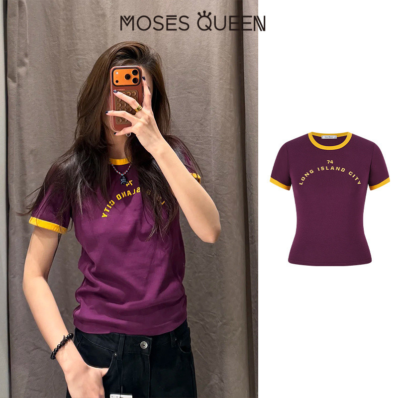 MOSESQUEEN ความเมตตาควีน เสื้อยืดแขนสั้นคอปกด้านหน้าพิมพ์ลายตัวอักษรสีตัดกันเสื้อตัวในคอกลมสไตล์สั้นเข้ารูปผู้หญิง #63786
