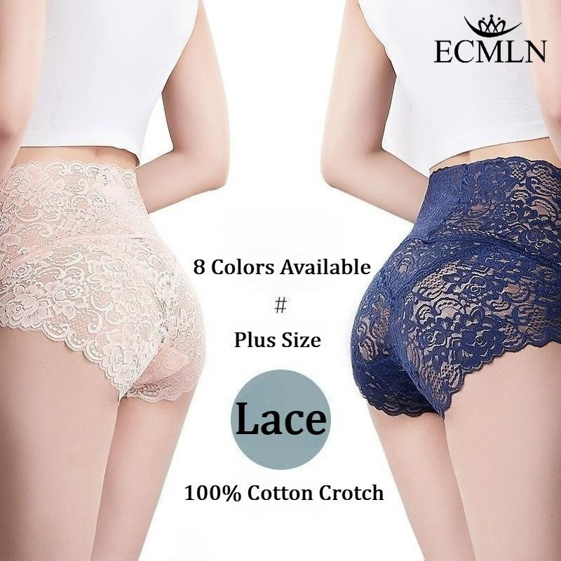 ECMLN Plus ขนาดสูงเอวกางเกงลูกไม้ผู้หญิงเซ็กซี่ Hollow Out Breathable สบาย 100% Cotton Crotch กางเกงM 3XL