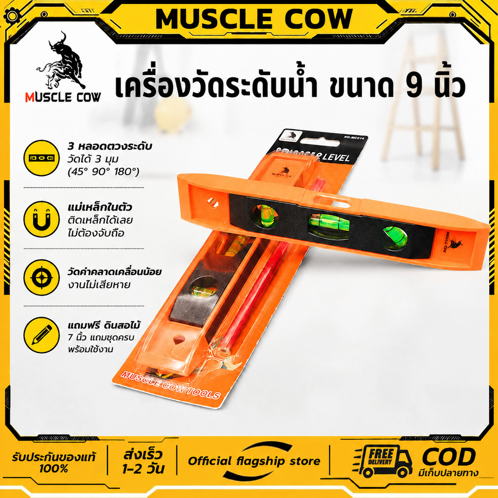 MUSCLE COW ระดับน้ำแม่เหล็ก 9"-36" 4ขนาด ความแม่นยำสูง แข็งแรง สำหรับช่างไม้ ก่อสร้าง COD