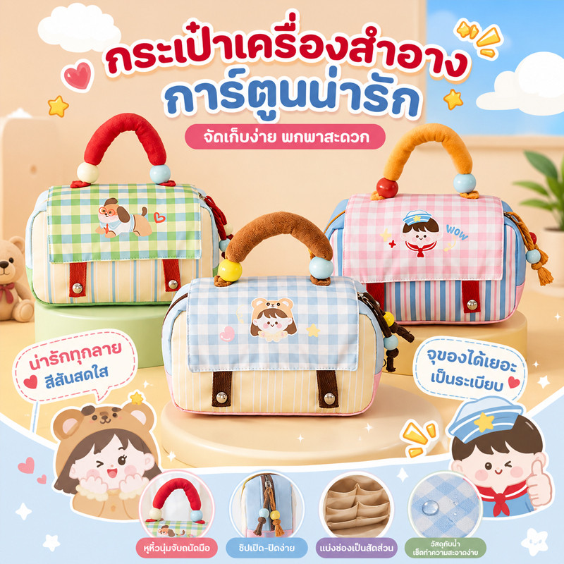 COD รุ่นใหม่ เครื่องสำอางกระเป๋า รูปแบบบ้านเล็ก ๆ รูปร่างน่ารัก กันน้ำ ความจุขนาดใหญ่ สันสดใส มีหูหิ้ว พกพาสะดวก