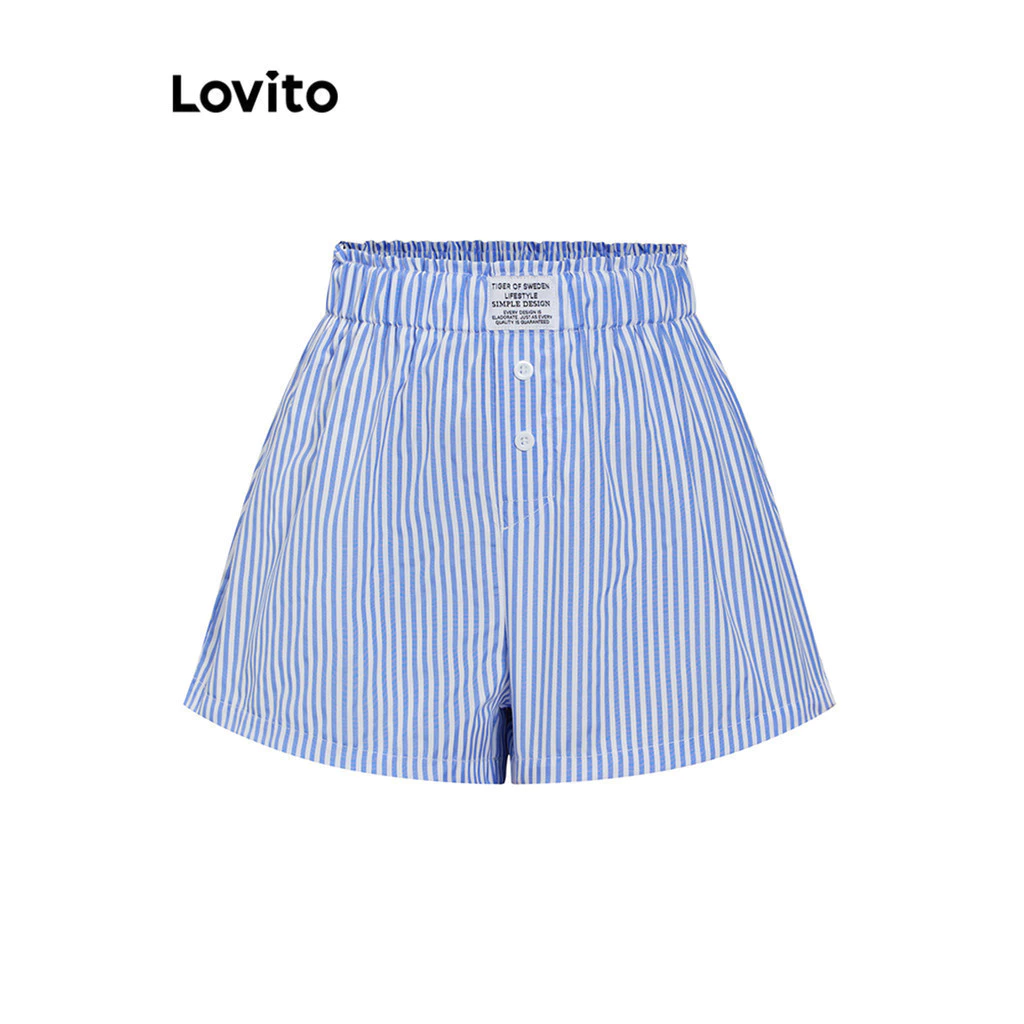 (KOL‘s pick) Lovito แคชชวล ปุ่มลายทางสั้นพื้นฐานสำหรับผู้หญิง L105MD129