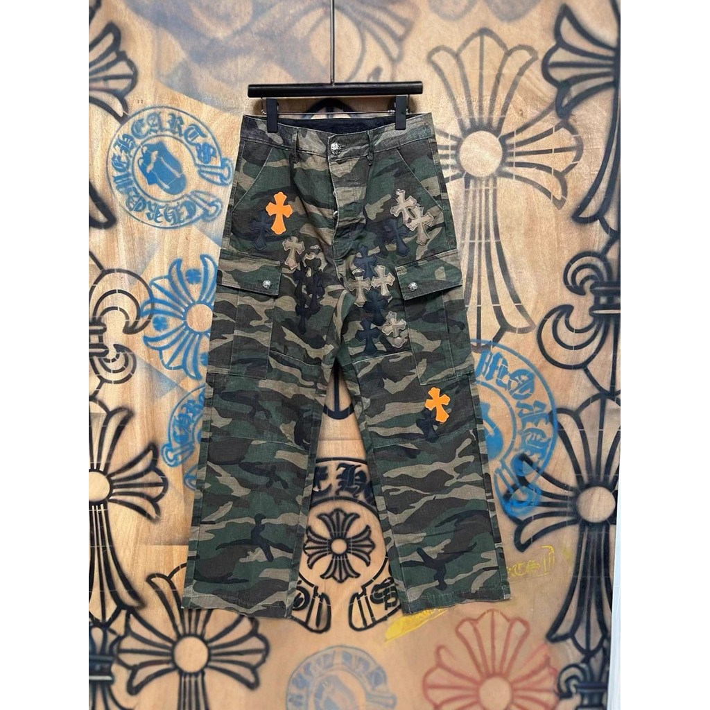 09JF Chrome Hearts Camouflage Cross Leather Straight Overall Jeans Men Women Style