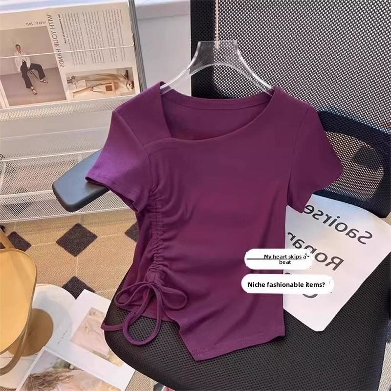 40-150KGPlus ขนาดผู้หญิงสไตล์ Drawstring แขนสั้นเสื้อยืดฤดูร้อน Slim Fit ไม่สมมาตร Collar Top C17635