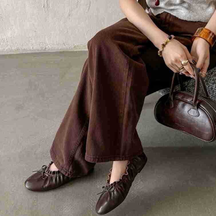 French Egg Roll Ballet Flat Shoes Women Round Toe Soft Leather Bow Soft Sole Slip-On Shoes