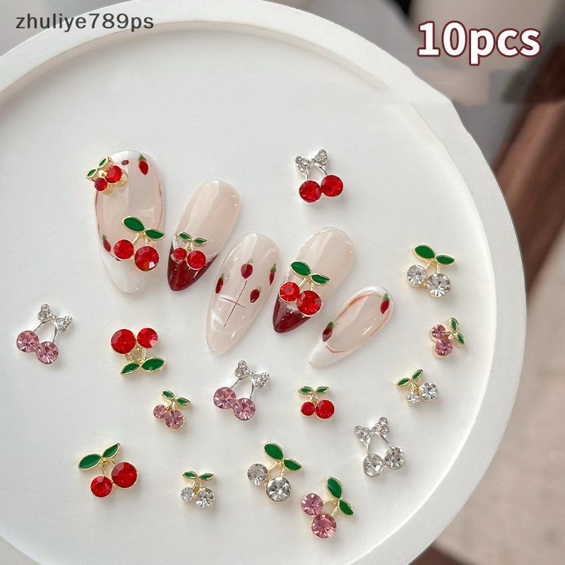 Zuliye789ps] 10 ชิ้น Cherry Nail Rhinestone 3D Cherry Charm ผลไม้สีแดงเพชรเครื่องประดับคริสตัล Y2K เ