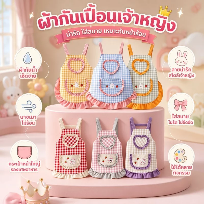 ผ้ากันเปื้อนสำหรับเด็ก สไตล์เจ้าหญิงน่ารัก ผ้ากันเปื้อนเด็กผู้หญิงการ์ตูน ทนต่อคราบสกปรก ทำความสะอาดง่าย