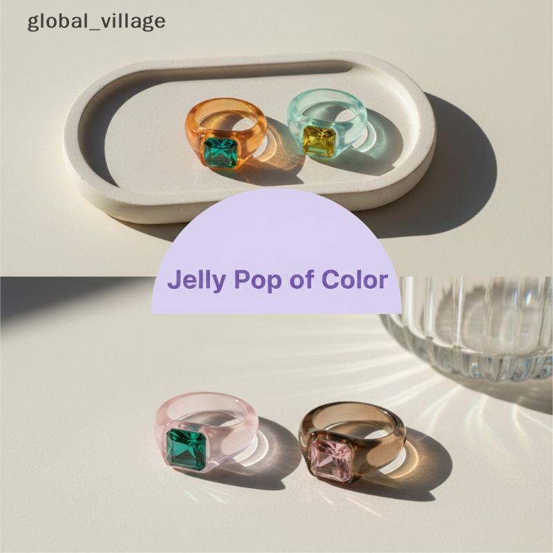 [GOO] Chunky Candy สีเรซิ่นแหวนโปร่งใส Rhinestone Inlay แฟชั่น Y2K เครื่องประดับสําหรับสาว Streetwea
