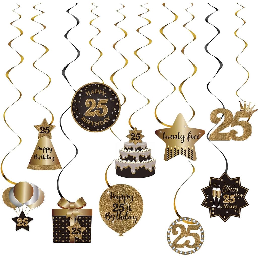 Happy 25th Birthday Party แขวน Swirls Streams ตกแต่งเพดาน,ฉลอง 25 ฟอยล์แขวน Swirls พร้อม Cutouts สํา