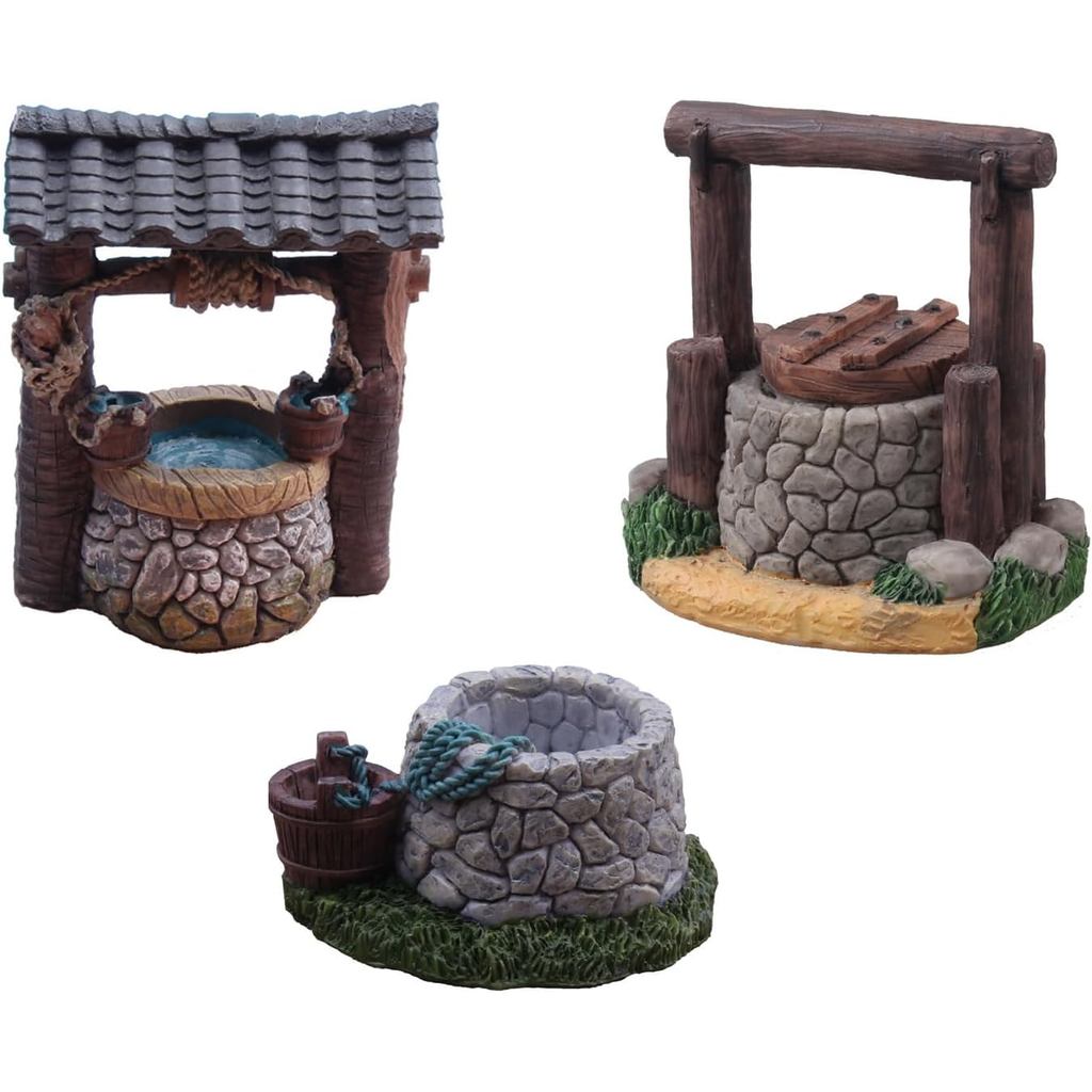 3 ชิ้น Fairy Garden Wishing Well Miniature Figurines น้ํา Well พร้อมถัง Figurines สําหรับ Garden Dec