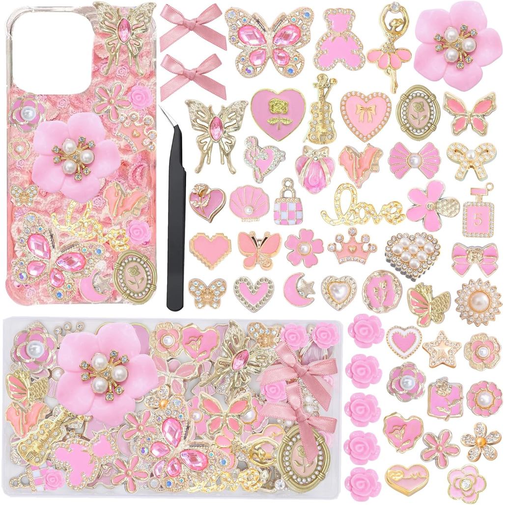 Pink Junk Case Charms,Elegant Bow Butterfly Gold Charm สําหรับทําเคสโทรศัพท์,Rhinestone สําหรับถุงเท