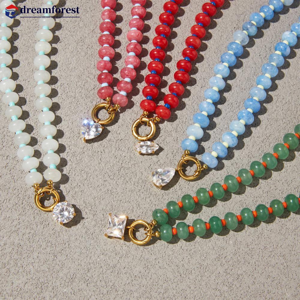 DFS Electroplated สแตนเลส Cubic Zirconia จี้ลูกปัด Choker หินธรรมชาติสีลูกปัด Clavicle สร้อยคอ