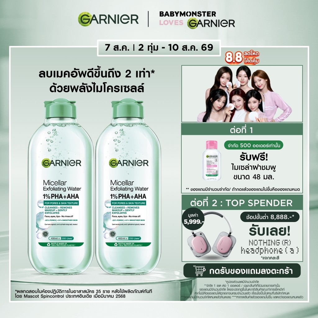 [แพคคู่สุดคุ้ม]การ์นิเย่ไมเซล่า คลีนซิ่ง วอเตอร์เอ็กซ์ฟอลิเอตติ้งกรีน 400มล.X2 ล้างเครื่องสำอาง ผลัดเซลล์ผิวอย่างอ่อนโยน