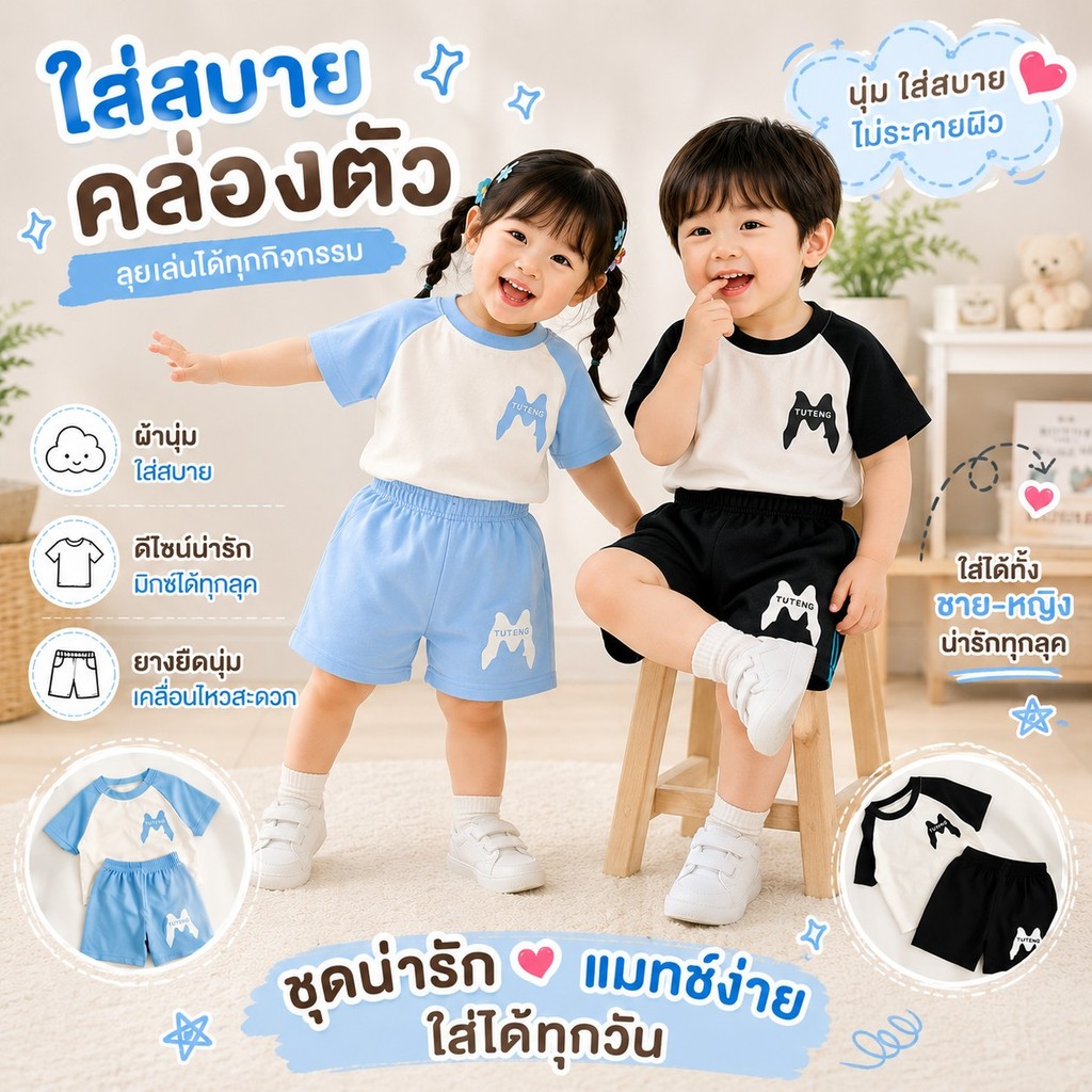 ชุดเซ็ตใส่ได้ทั้งเด็กผู้ชายและเด็กผู้หญิง เสื้อแขนสั้น กางเกงขาสั้น เนื้อผ้าใส่สบาย พิมพ์ลายตัวM 💥สินค้าใหม่💥