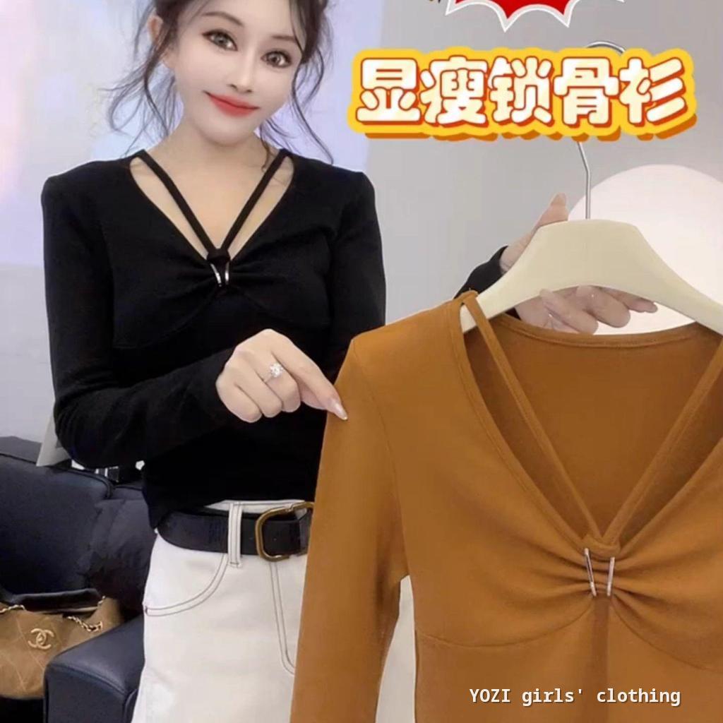 M-4XL เกาหลีธรรมดาสีดําแขนยาวผู้หญิง Plus ขนาดหลวม Crisscross V คอแหวนรายละเอียด Tshirt