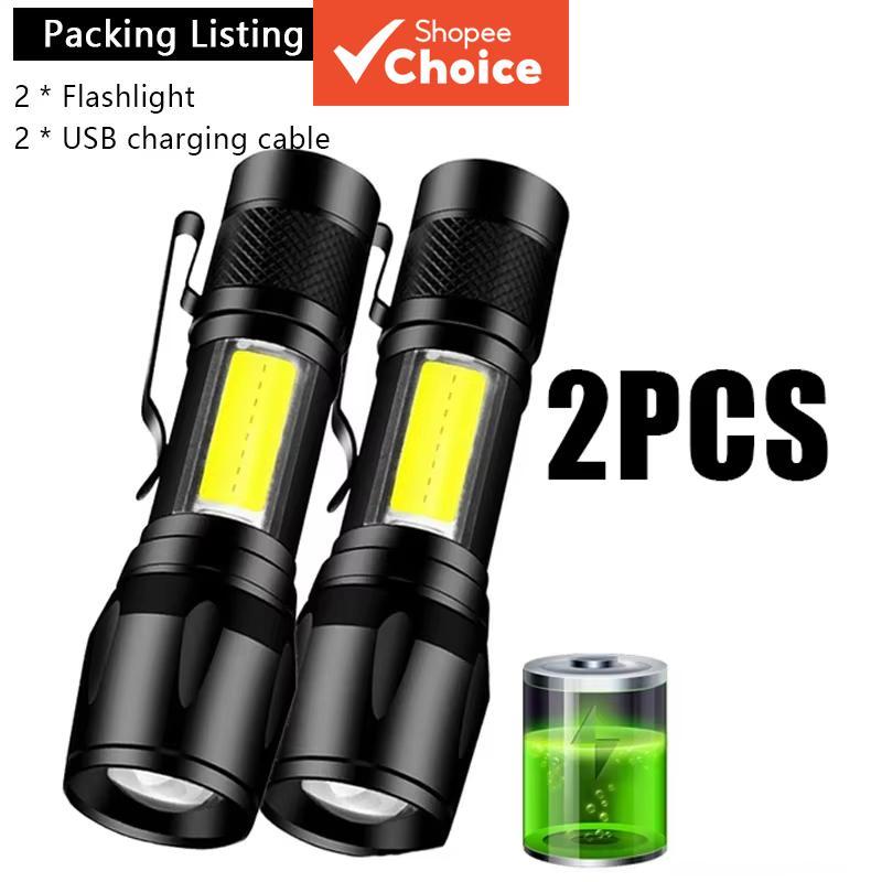 【SAIMILI】2 ชิ้น ไฟฉาย LED มินิแบบชาร์จไฟได้ ซูมได้ พกพาสะดวก กําลังสูง พร้อมคลิปเหน็บหลัง สําหรับตั้งแคมป์กลางแจ้ง เดินป่า ส่องสว่าง