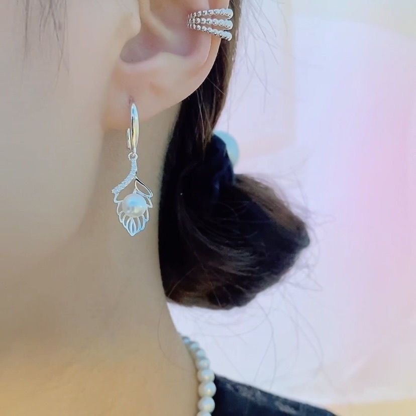 TB Spot Goods#Sterling Silver999Fresh and simple forest leaf earrings with natural soft luster pearl