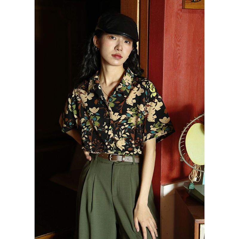 港风复古黑' 色玫瑰满印花衬衫女夏季短袖新款设计感花衬衫潮InsHong Kong Style Retro Hong Kong Style Oil Painting Printed Short Sle