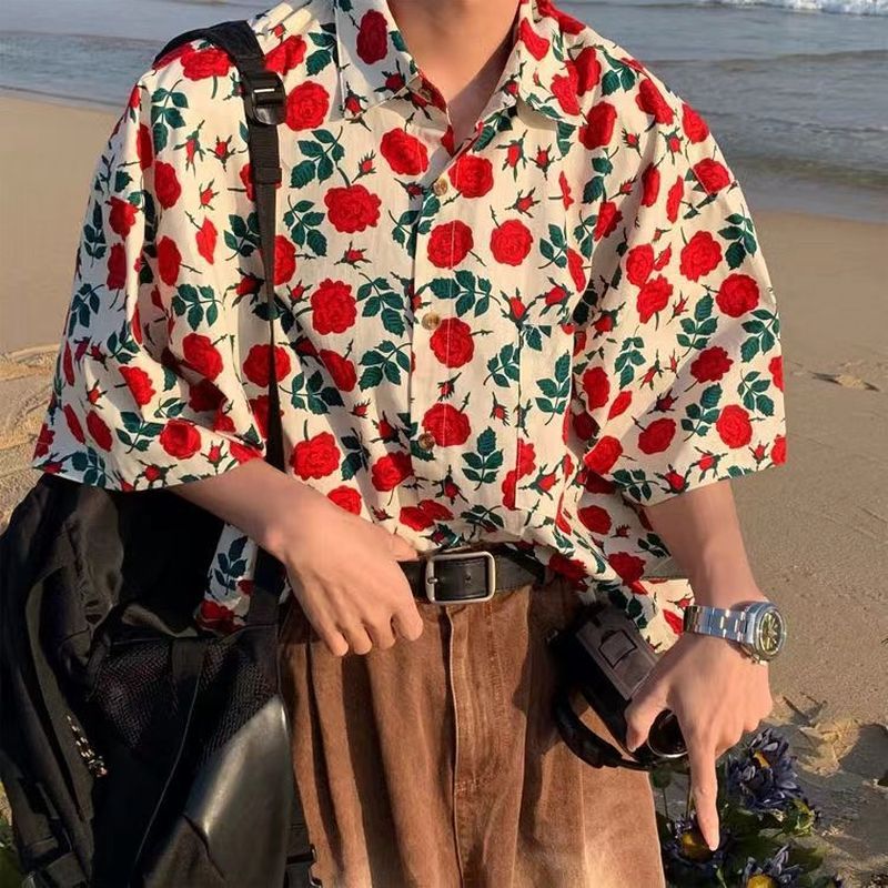 夏季港风沙滩衬衫复古痞帅潮流休闲宽松短袖夏威' 夷情侣衬衣花衬衫Hong Kong Style Retro Hong Kong Style Oil Painting Printed Short Sle
