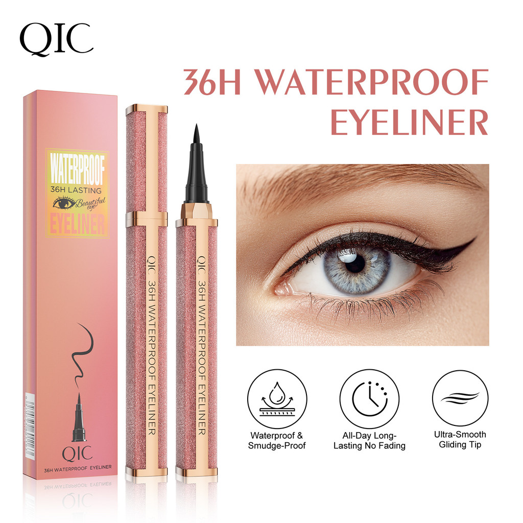 QIC Starry Sky Pink Gold Eyeliner กันน้ํา Non-Smudge Quick-Drying Black Liquid Eyeliner