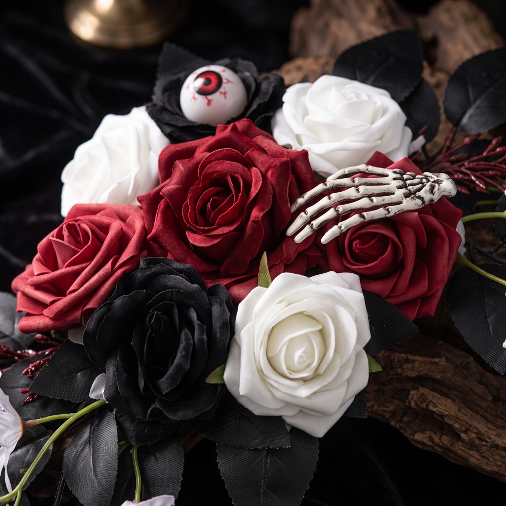 2 ชิ้นประดิษฐ์ดอกไม้ Swag โครงกระดูกมือ Gothic ประดิษฐ์ Rose Swag พร้อม Zip Ties ฮาโลวีนดอกไม้ไม่สมม