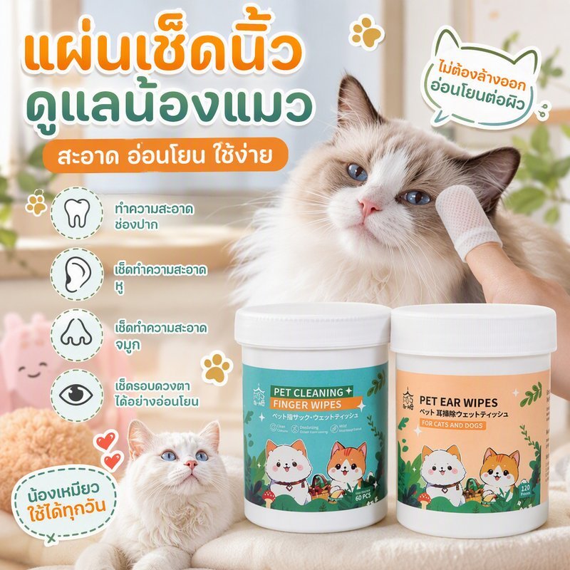 แผ่นเช็ดแมว ผ้าเช็ดทำความสะอาดสัตว์เลี้ยง เช็ดหู เช็ดตา เช็ดแมว เช็ดตาสุนัข เช็ดหูสุนัข สูตรพืชธรรมชาติ ใหญ่กว่า หนาขึ้น