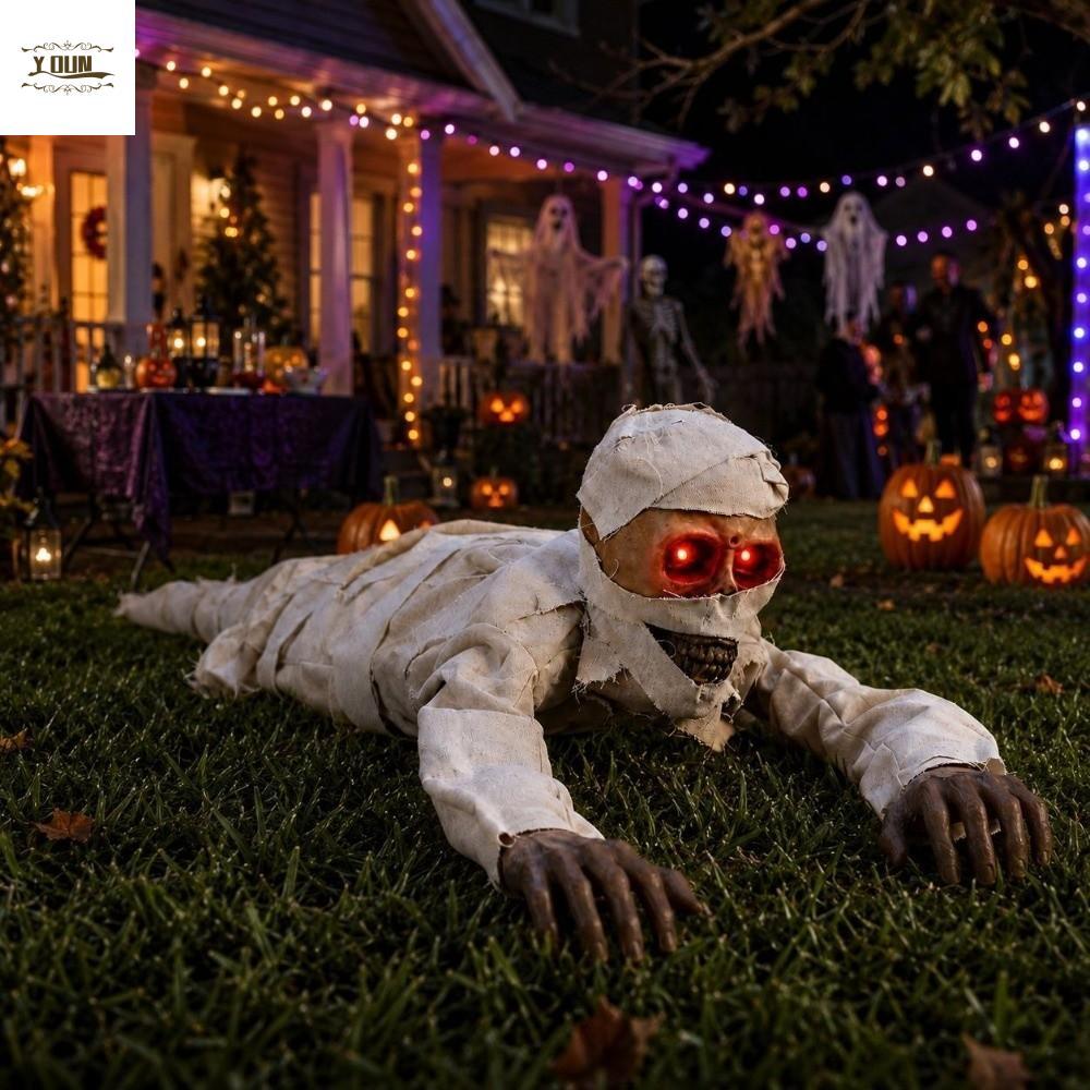 IVEYOUNG Mummy Halloween Prop สไตล์สยองขวัญที่สมจริงห่อ Mummy Crawling Mummy Prop, แบตเตอรี่ขับเคลื่