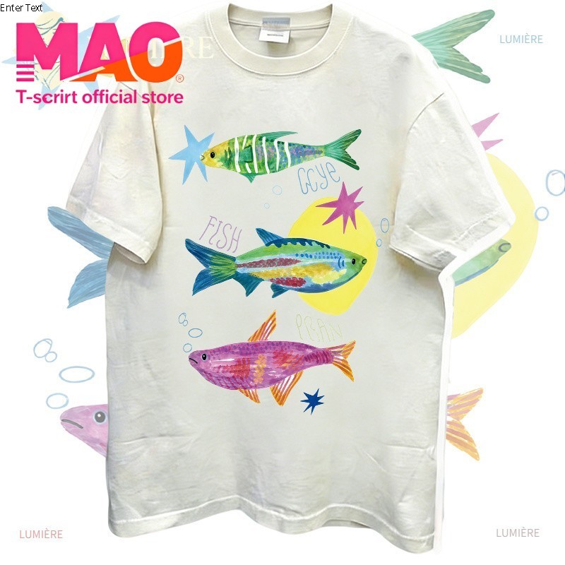 พร้อมส่ง เสื้อยืดโอเวอร์ไซส์ผู้หญิง สีครีม ลายปลาสีสันสไตล์วอเตอร์คัลเลอร์ การ์ตูนใต้ทะเล เสื้อแขนสั้นผ้านุ่ม ใส่ประจำวั