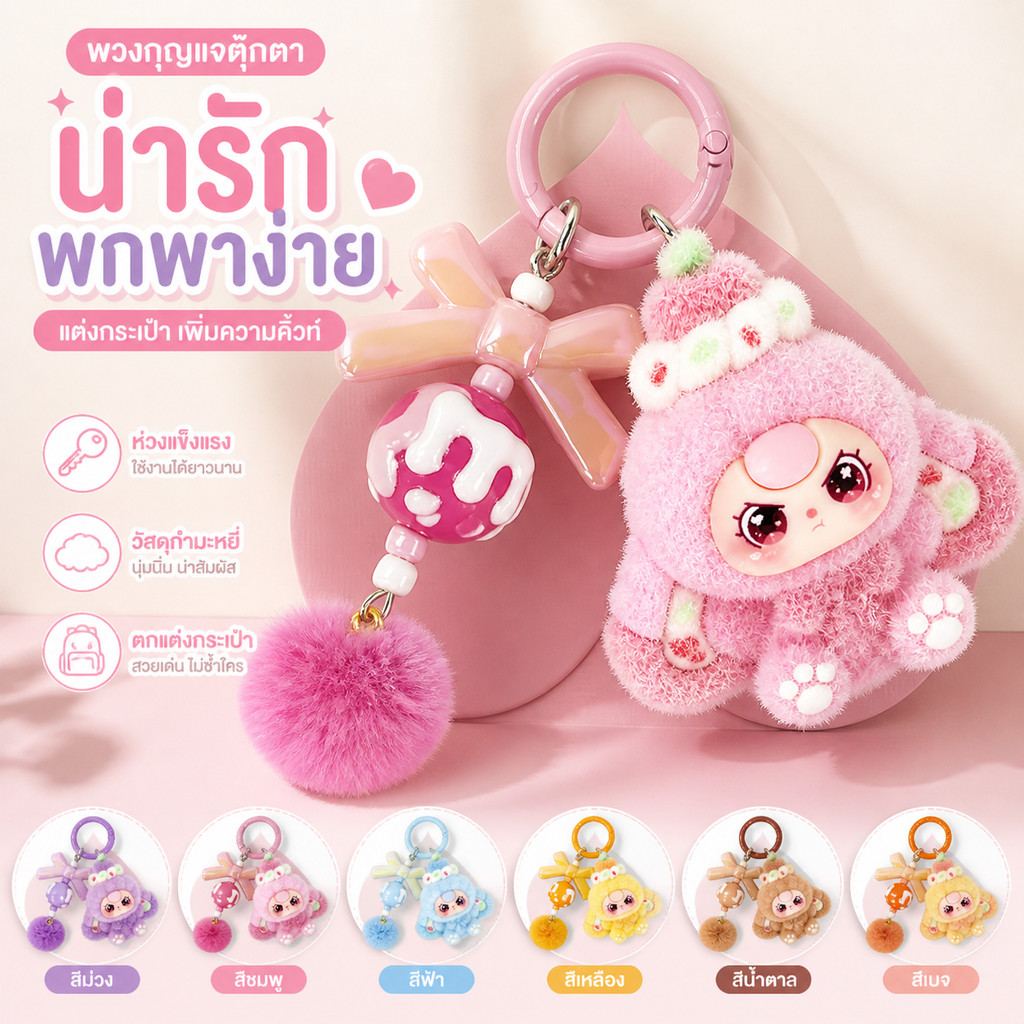【ส่งไวจากไทย】พวงกุญแจตุ๊กตาขนฟูสีม่วงน่ารัก พร้อมโบว์และปอมปอม การตกแต่งกระเป๋าเป้สะพายหลัง