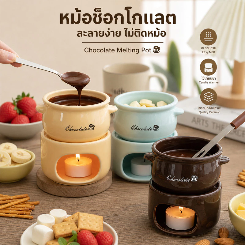 เซ็ตช็อกโกแลตฟองดูเซรามิก พร้อมหม้อ-ตะเกียบ ใช้ทำฟองดูช็อกโกแลต ชีส ไอศกรีมได้ ล้างง่าย