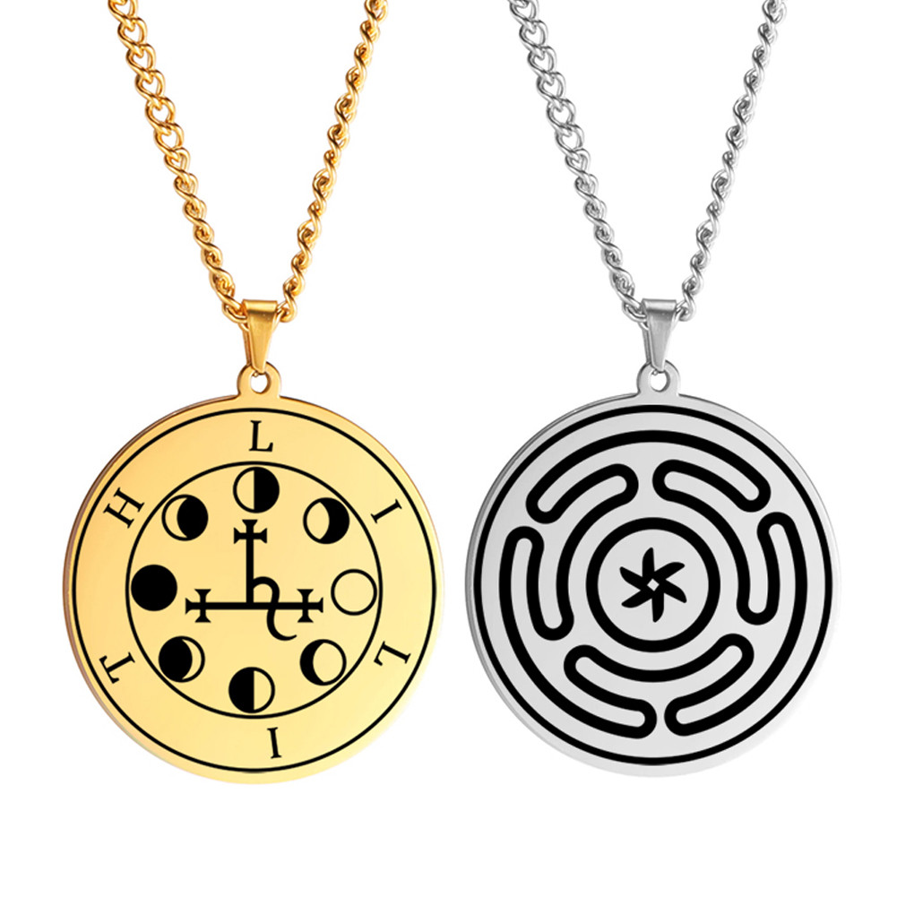 SKYRIM Witchcraft Hecates ล้อ Triple Moon Goddess สร้อยคอ Lilith Seal Amulet สแตนเลส Wiccan เครื่องประดับ