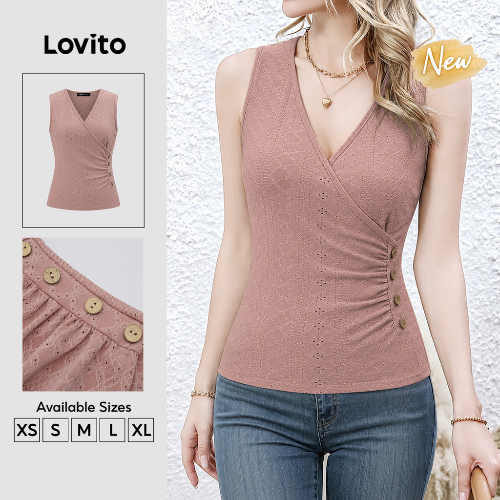 (New Arrival) Lovito เสื้อลําลองผู้หญิง ลายไม่สมมาตร ขอบระบาย สีชมพู สําหรับฤดูใบไม้ผลิ/ฤดูร้อน TKK8